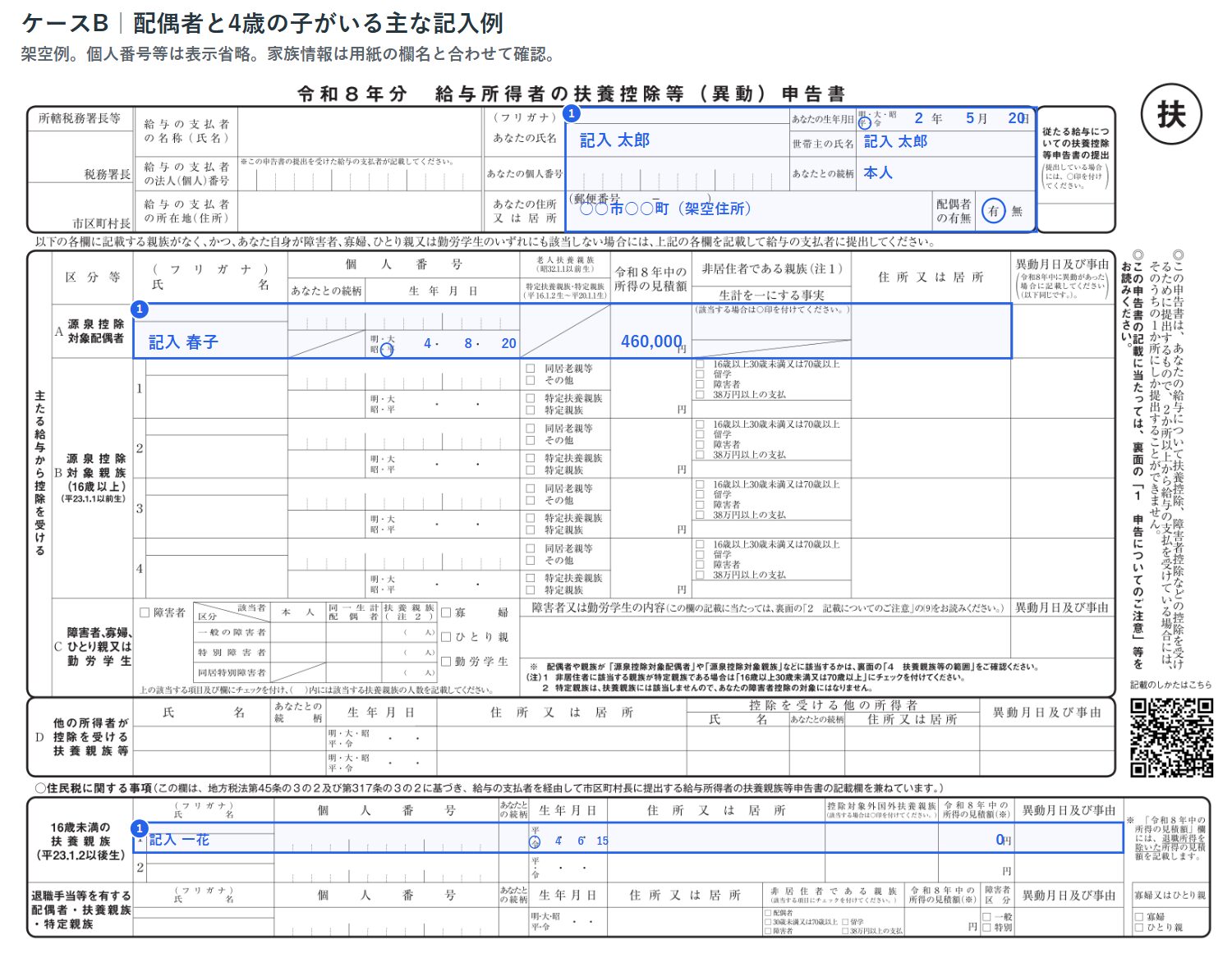 配偶者と4歳の子どもがいる主な記入例